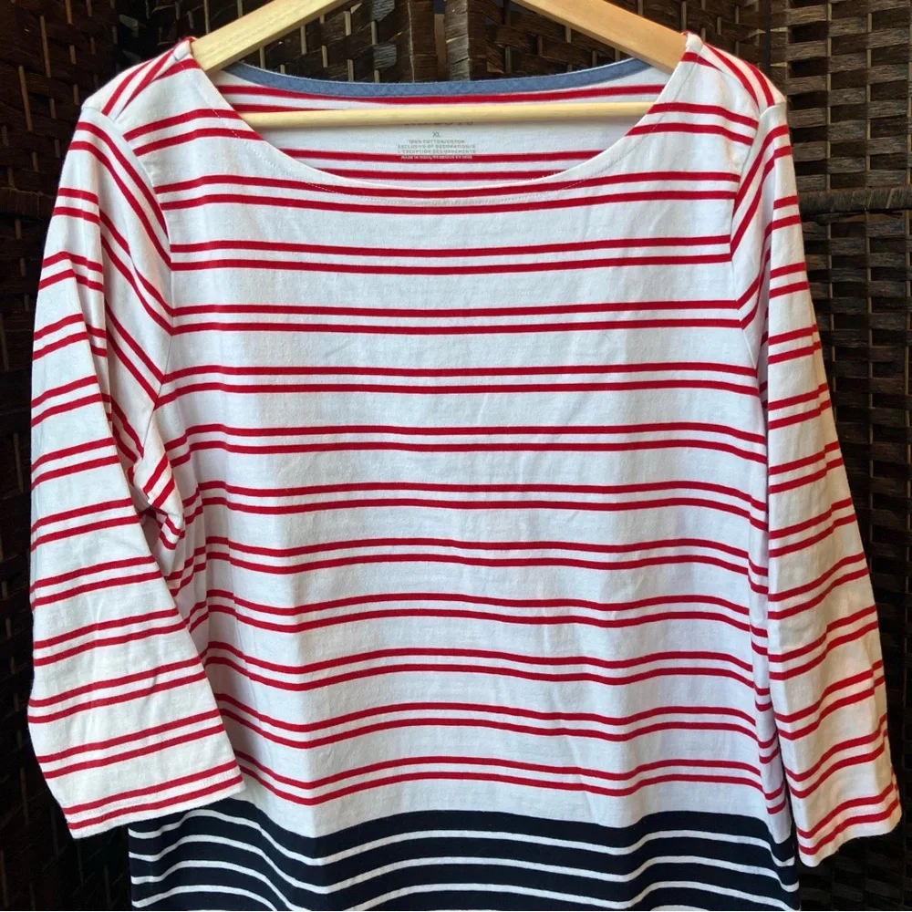 Talbots 100% Cotton Colorblock Destin Stripe Boat Neck 3/4 Sleeve T-Shirt XL